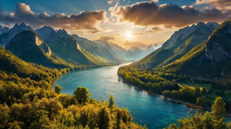Panoramic view of the lake and mountains at sunset. Beautiful summer landscape.の写真素材