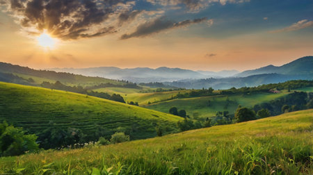 Sunset in the mountains. Beautiful summer landscape. Carpathians, Ukraine, Europe.