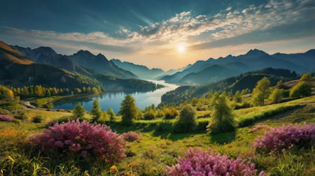 Panoramic view of beautiful alpine lake in the mountains at sunsetの写真素材