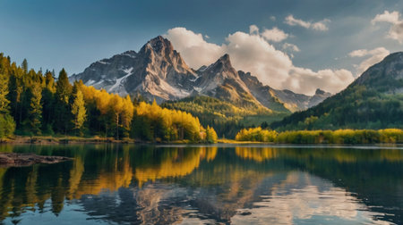 panoramic view of alpine lake with reflection of mountains in water