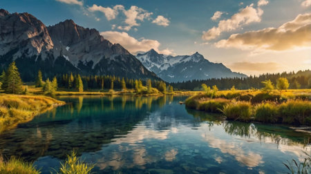 panoramic view of the alpine lake in the Dolomites