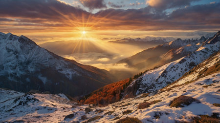 Mountain landscape at sunset. Panorama of the Caucasus Mountains, Georgia.