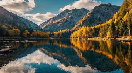 Autumn alpine lake. Reflection of mountains in water.