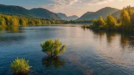 Beautiful landscape of the river and mountains at sunset, Russia.