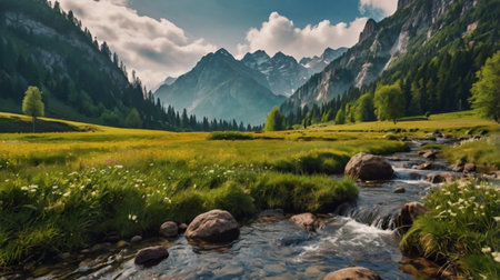 Mountain landscape with a mountain river and a meadow in the foregroundの写真素材