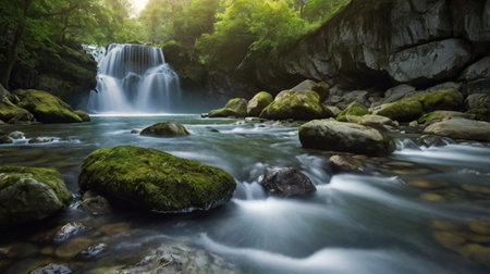 Beautiful waterfall in deep forest. Soft focus, long exposure.
