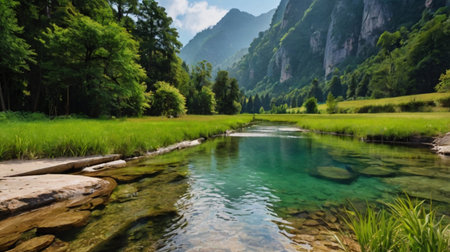 Mountain river with clear water and green grass in the foreground.