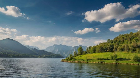 Beautiful landscape of lake and mountains in the summer. Panorama