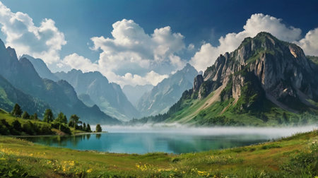 Panoramic view of alpine lake in Dolomites, Italy
