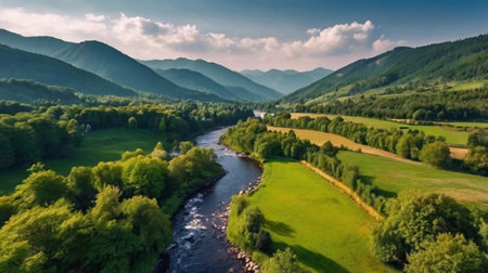 Aerial view of a mountain river in the Carpathian Mountains