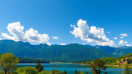 Beautiful landscape of the mountain lake with blue sky and white clouds