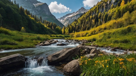 Panoramic view of the mountain river in the Swiss Alps.の写真素材
