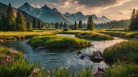 Panoramic view of the mountain river in the mountains at sunset