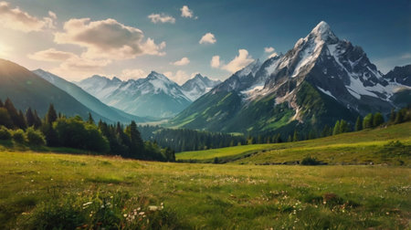Beautiful mountain landscape. Panoramic view of the Alps.の写真素材