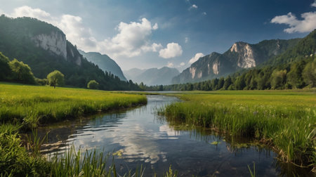 Panorama of alpine meadows and mountains with river in summer