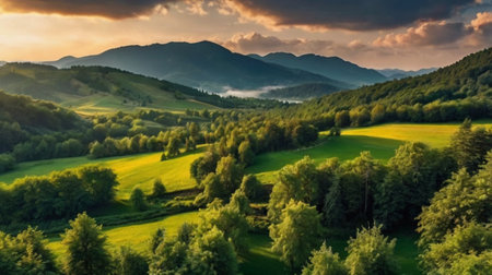 Aerial view of green meadow in mountains at sunset. Beautiful summer landscape