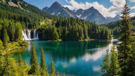 panoramic view of beautiful turquoise alpine lake in summer
