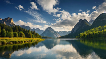 Panoramic view of Dolomites mountain lake, Italy.