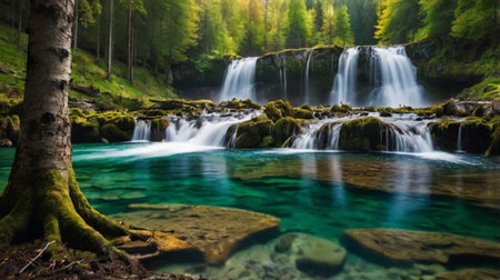 Waterfall in the forest. Beautiful nature landscape with waterfall in mountains.