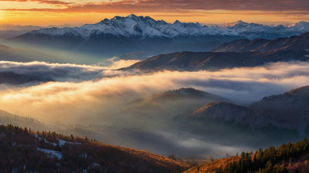 Majestic sunset in the mountains. Dramatic scene. Beauty world.