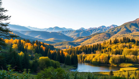 Colorful autumn alpine landscape with lake and forest at sunset.