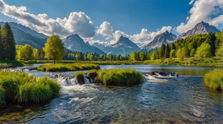 Panoramic view of a mountain river