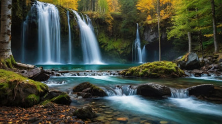 Beautiful waterfall in the autumn forest. Landscape with a waterfall in the forest.