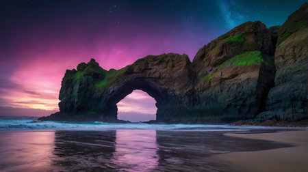 Aurora Borealis over a rock formation on the beach.