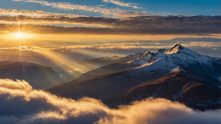 Sunrise over the clouds in the mountains. Beautiful winter landscape.