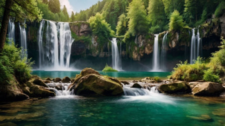 Beautiful waterfall in the mountains. Panoramic view of the waterfall.