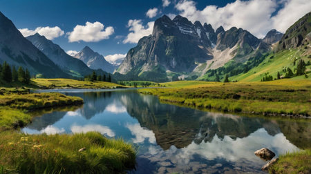 panoramic view of alpine lake with reflection in the water