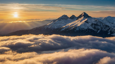 Sunrise over the clouds in the mountains.