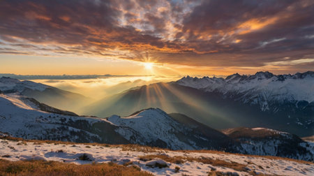 Sunset in the mountains. Panoramic view of the Alps.