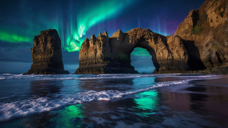 Aurora borealis, northern lights over Reynisfjara beach, Icelandの写真素材