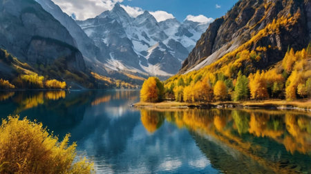 Landscape view of autumn alpine lake with reflection of mountains.