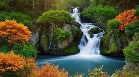 Waterfall in autumn forest. Panoramic view of the waterfall.