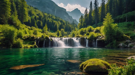 Panoramic view of beautiful waterfalls in the Austrian Alps.