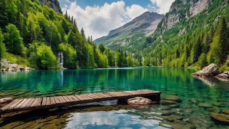 Beautiful alpine lake with turquoise water and wooden boardwalk