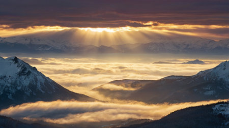 Beautiful winter landscape in the mountains. Sunrise over the clouds.