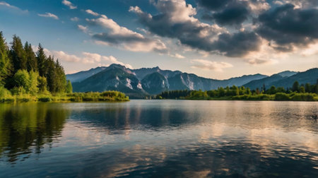 Panoramic view of the lake in the mountains. Beautiful summer landscape.