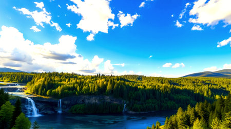 Mountain landscape with a waterfall in the middle of the forest.