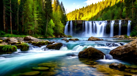 Beautiful waterfall in the forest. Beautiful landscape in the mountains.
