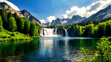Waterfall in the Alps, Switzerland. Panoramic view