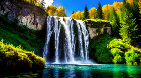 Waterfall in the autumn forest. Panoramic view of the waterfall.