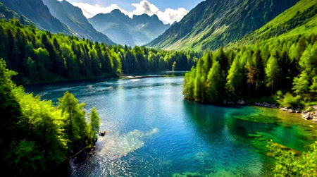 Panoramic view of the alpine lake in summer. Switzerland