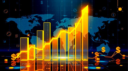 Stock market graph and candlestick chart on dark background. Vector illustration.