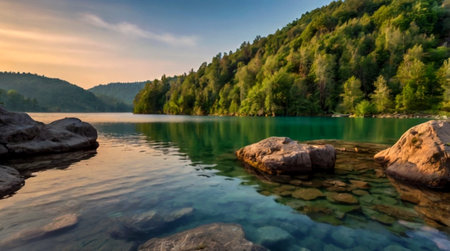 Beautiful mountain lake with crystal clear water and green forest in the background.