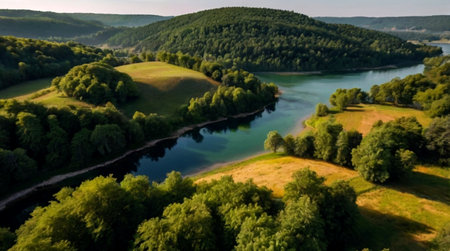 Aerial view of beautiful landscape with green forest and river in Poland