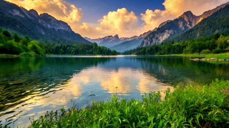 panoramic view of alpine lake at sunset, Austria.