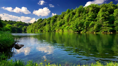 Beautiful landscape with river and forest on the background of blue sky